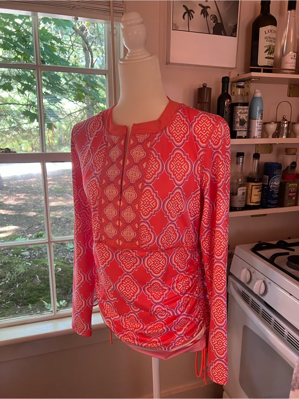 Cabana Life Coral Pink Patterned Long-Sleeve Swim Tee